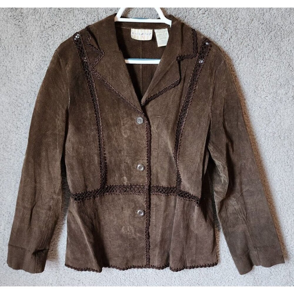 White Stag Lightweight Button Up Jacket Suede Leather Crochet Details Brown Sz L